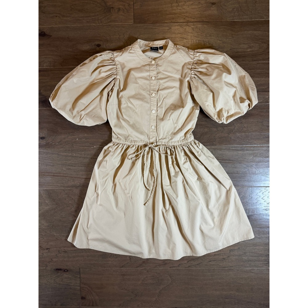 Gap Women Beige Cotton Puff Sleeve Band Collar Button Front Mini Dress XXS